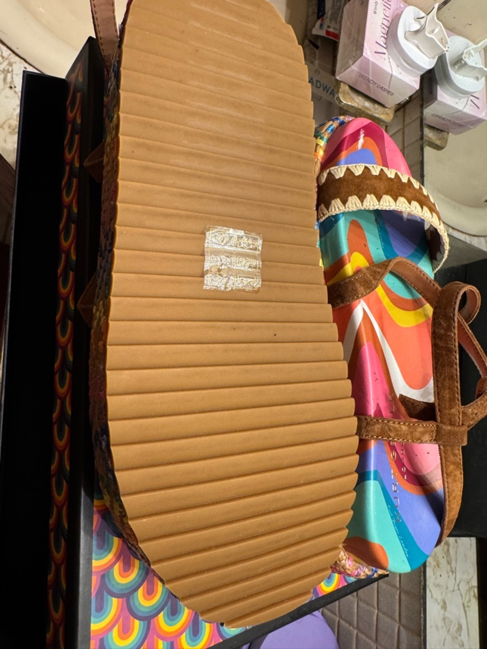 Kurt Geiger Brown Suede Platform Sandals with Multicolor Footbed